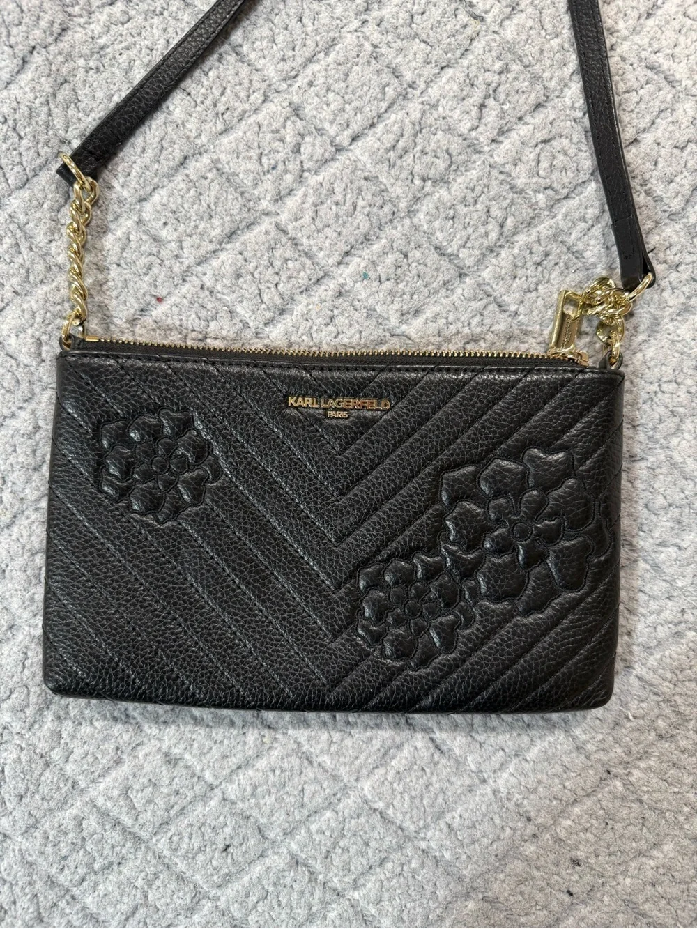 Karl Lagerfeld Black Quilted Floral Crossbody Pouch with Gold Chain